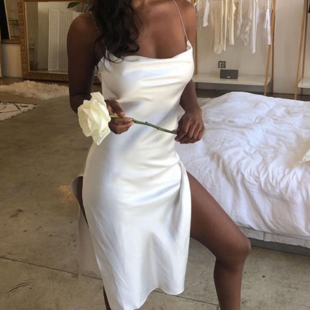 Loose Silk Satin White Midi Dress Side Slit